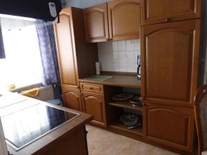 a small kitchen with wooden cabinets and a counter at Erholung-pur in Hennstedt