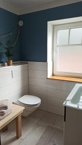 a bathroom with a toilet and a window and a sink at FeWo mit Heimatgefühl in Ratekau