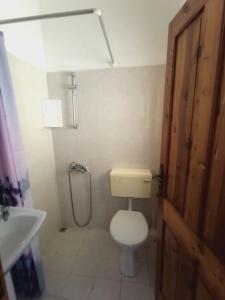 een kleine badkamer met een toilet en een douche bij Poseidons Seaview Penthouse in Marsalforn