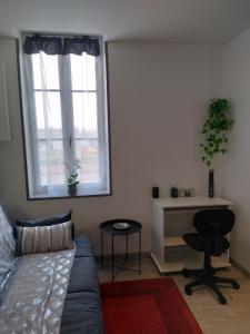 a bedroom with a couch and a desk and a window at Cassiopée 3*** in Fourchambault