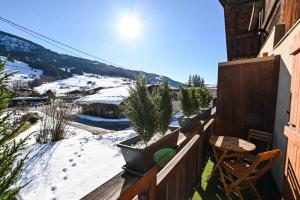 un balcón con macetas y una montaña cubierta de nieve en Le balcon des neiges, en Praz-sur-Arly