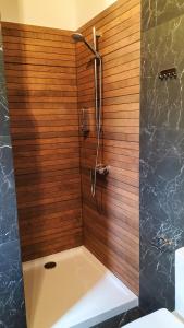 a bathroom with a shower with wooden walls at Dzikie Lisko - Apartament z klimatyzacją in Lesko