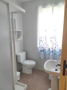 bagno con servizi igienici, lavandino e finestra di Casa familiar con finca privada (Orolterra) a Viveiro