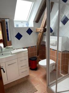 baño con aseo y lavabo y ventana en Biologite, en Argentré-du-Plessis