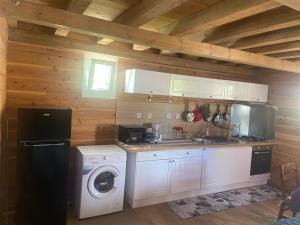 a kitchen with white cabinets and a washer and dryer at La CAFRINE in Cilaos