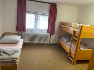 une chambre avec deux lits superposés et une fenêtre dans l'établissement Ferienapartment TESLA im Wellnesshotel - Bayerischer Wald, à Sankt Englmar 39 autres photos