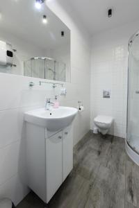 biała łazienka z umywalką i toaletą w obiekcie Studio Mandoria w Łodzi