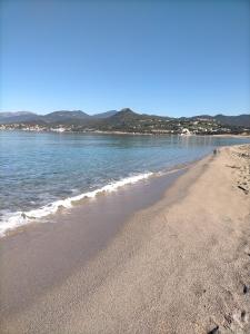 uma praia arenosa com o oceano e montanhas ao fundo em Studio pieds dans l'eau em Calcatoggio