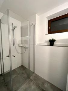 a bathroom with a shower with a glass door at Wohnglück Seifferer in Ravensburg