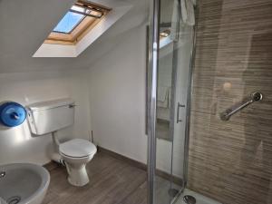 uma casa de banho com um WC e uma cabina de duche em vidro. em Churchfield B&B em Doolin