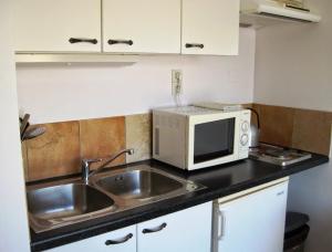 a kitchen with a sink and a microwave at Chasteuil Locations Studio in Castellane
