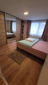 um quarto com uma cama e um espelho grande em Omi's Nest, für klein und gross em Oberbüren