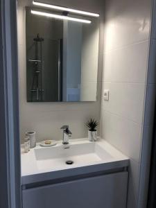 La salle de bains blanche est pourvue d'un lavabo et d'un miroir. dans l'établissement Maison Gabriel Appartement PLUME, à Abbeville