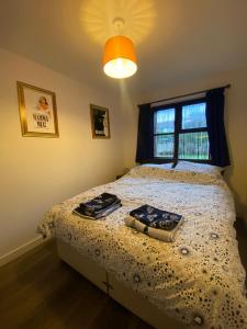1 dormitorio con 1 cama y ventana en Lovely 3 bed ground floor flat with free parking, en Swanage