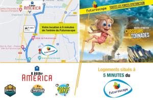 un mapa de los lugares de interés de Disney en Little America - Appart Hôtel 3km Futuroscope en Jaunay-Clan