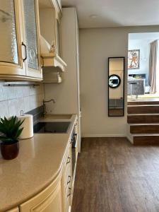 a kitchen with a sink and a counter top at Castle Apartaments host Kaunas with free parking in Kaunas
