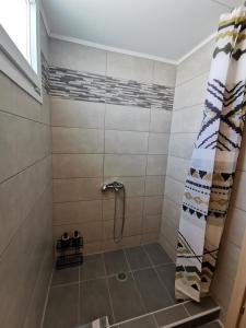 uma casa de banho com um chuveiro e uma porta de vidro em A&D Central Apartment em Volos