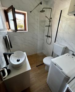 ein weißes Bad mit einem WC und einer Dusche in der Unterkunft Elentoni in Fažana