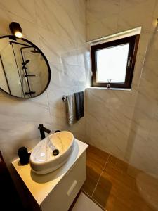 ein Bad mit einem Waschbecken und einem Spiegel in der Unterkunft Elentoni in Fažana
