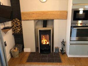 a fireplace in a living room with a stove at Townhouse in Cardigan in Cardigan