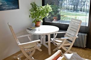 a white table with two chairs and a potted plant at Bio-Gästehaus Rhöndistel in Poppenhausen