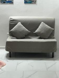 eine graue Couch mit zwei Kissen darauf in der Unterkunft Casa TeKa in Torre Annunziata