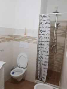 a bathroom with a toilet and a shower curtain with letters at G&E Bed & Breakfast - Austis in Austis