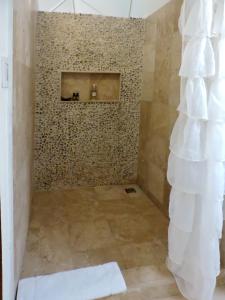 ein Bad mit einer Dusche und einer gefliesten Wand in der Unterkunft Chiibal in Tulum