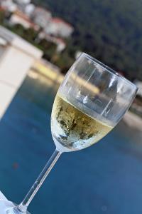 un bicchiere di vino seduto sopra un tavolo di Apartments Karla a Dubrovnik
