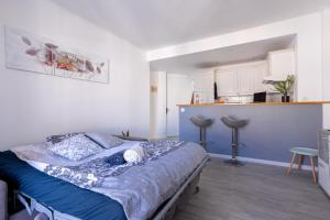 een slaapkamer met een blauw bed en een keuken bij Cannes centre apartment with a balcony in Cannes