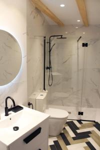 a bathroom with a shower and a toilet and a sink at XIMENETXE Vivienda Turística in Santa Cruz de Campezo