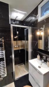 een badkamer met een douche en een witte wastafel bij Studio de charme climatisé Gare Riquier in Nice