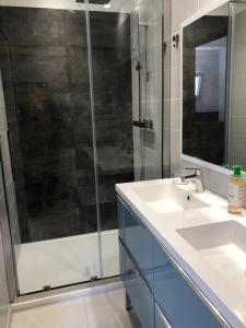 a bathroom with a shower and a sink and a mirror at la sardine dorée in Sangatte