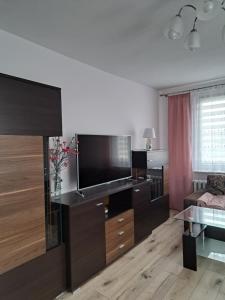 a living room with a large flat screen tv at APARTAMENT na STARÓWCE in Pasłęk