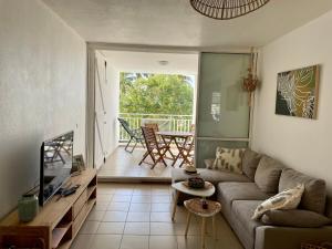 a living room with a couch and a tv and a table at Ti Kaz'ETA in Sainte-Anne +22 photos