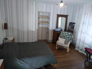 um quarto com uma cama, uma cadeira e um espelho em Chambres d'hôtes proche d'Epinal, Vosges 88270 