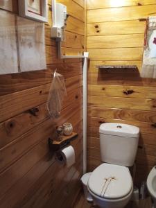 a bathroom with a white toilet and wooden walls at Cabaña La Paz in Tigre +145 photos