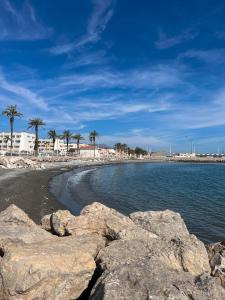 una spiaggia con rocce e palme e l'oceano di Casa Baviera Golf & Beach a Caleta de Velez Altre 26 foto