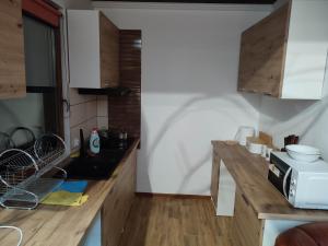 a kitchen with a counter top with a microwave at Domek pod sosnami in Gaj