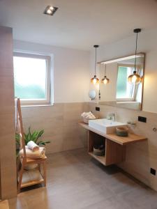 een badkamer met een wastafel en een spiegel bij Serner am See in Zell am Moos