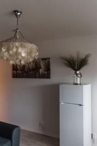 a living room with a refrigerator and a chandelier at Viihtyisä yksiö lähellä palveluita. (Himos 7,9 km) in Jämsä