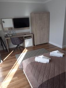 een slaapkamer met een bed, een bureau en een televisie bij Villa EDEN USTKA in Ustka