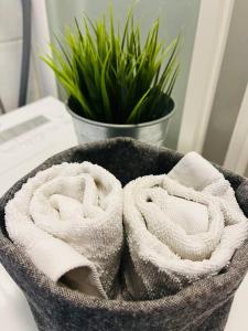 a bowl of towels sitting on a table with a plant at Compact apartment in Rauma in Rauma