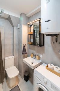 Baño pequeño con aseo y lavamanos en Harmony apartman, en Donji Milanovac