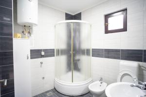 uma casa de banho com um chuveiro, um WC e um lavatório. em Apartman Amina em Mostar