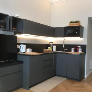 una cocina con armarios negros y fregadero en Suite Florio en Turín