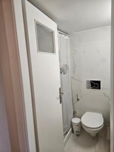 een witte badkamer met een toilet en een douche bij F23 in Athene