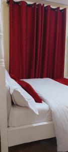 a bedroom with a bed with a red curtain at Homes By Mwema in Nairobi