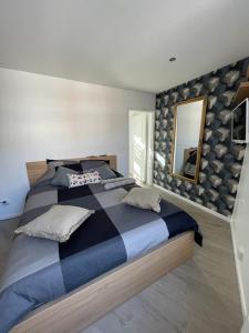 une chambre avec un grand lit et un miroir dans l'établissement Appartement à découvrir, à Marquette-lès-Lille 13 autres photos