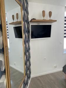 un miroir sur un mur à côté d'un mur avec une télévision dans l'établissement Appartement à découvrir, à Marquette-lès-Lille